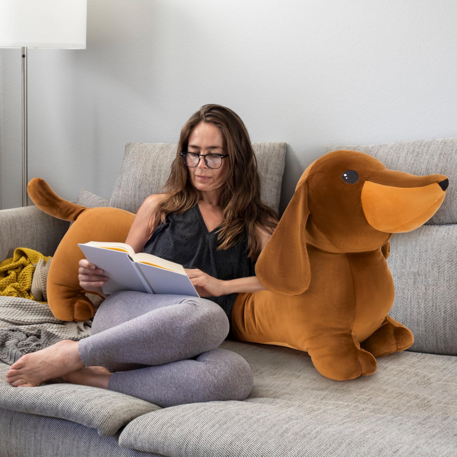 MorisMos dachshund plush full-length image highlights its cozy body pillow use.