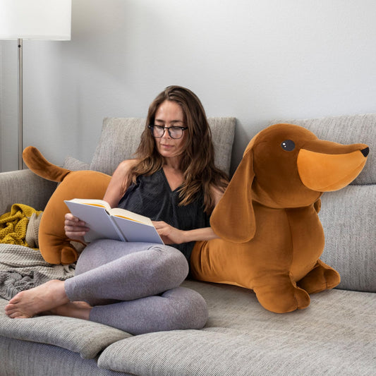 MorisMos dachshund plush full-length image highlights its cozy body pillow use.