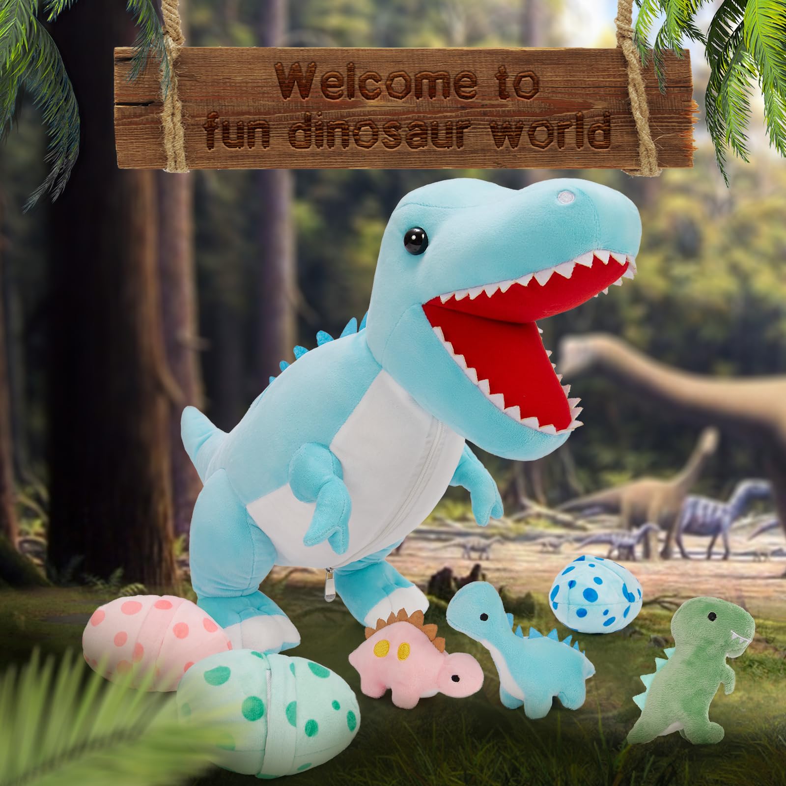 MorisMos green t-rex baby plush for tactile snuggling and pretend adventures.