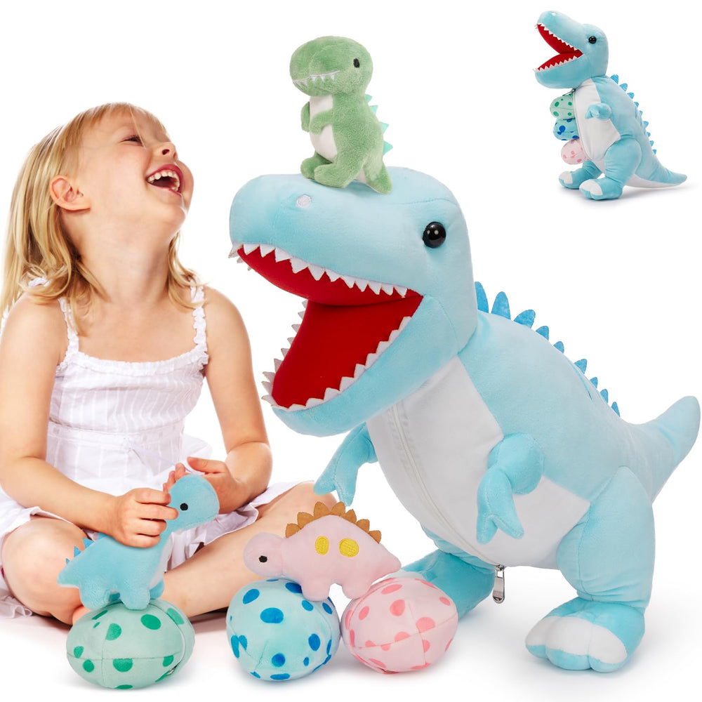 MorisMos dinosaur mama belly unzip reveals hidden eggs for imaginative play.