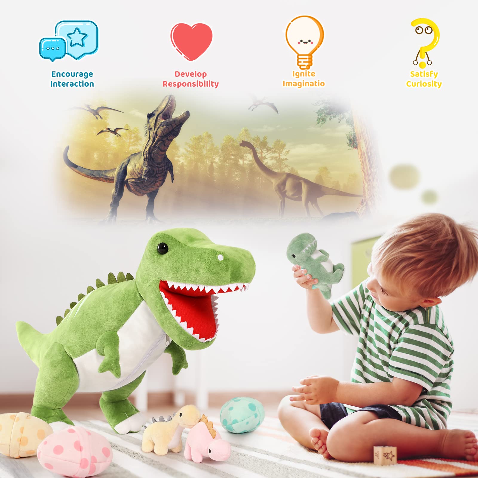 MorisMos dinosaur eggs plush hatch scene for storytelling