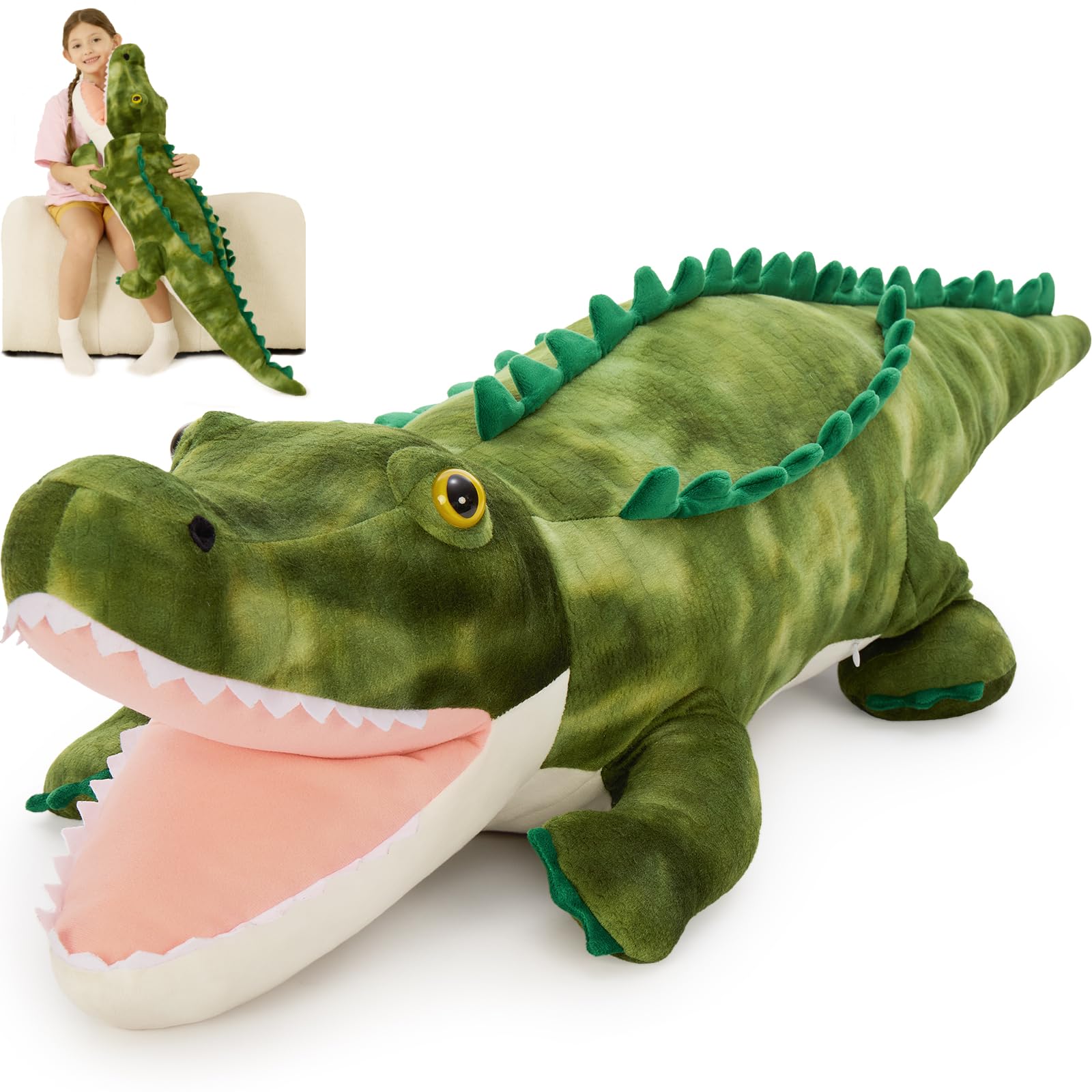 MorisMos giant alligator body pillow 4ft offers soft, hug-ready comfort for kids and adults.