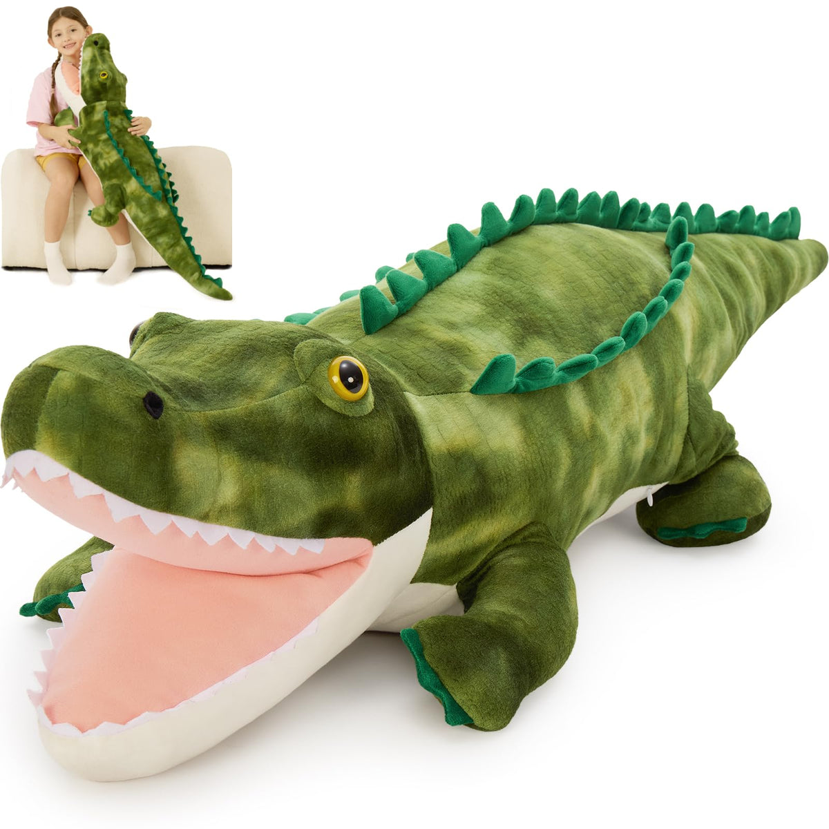 MorisMos giant alligator body pillow 4ft offers soft, hug-ready comfort for kids and adults.