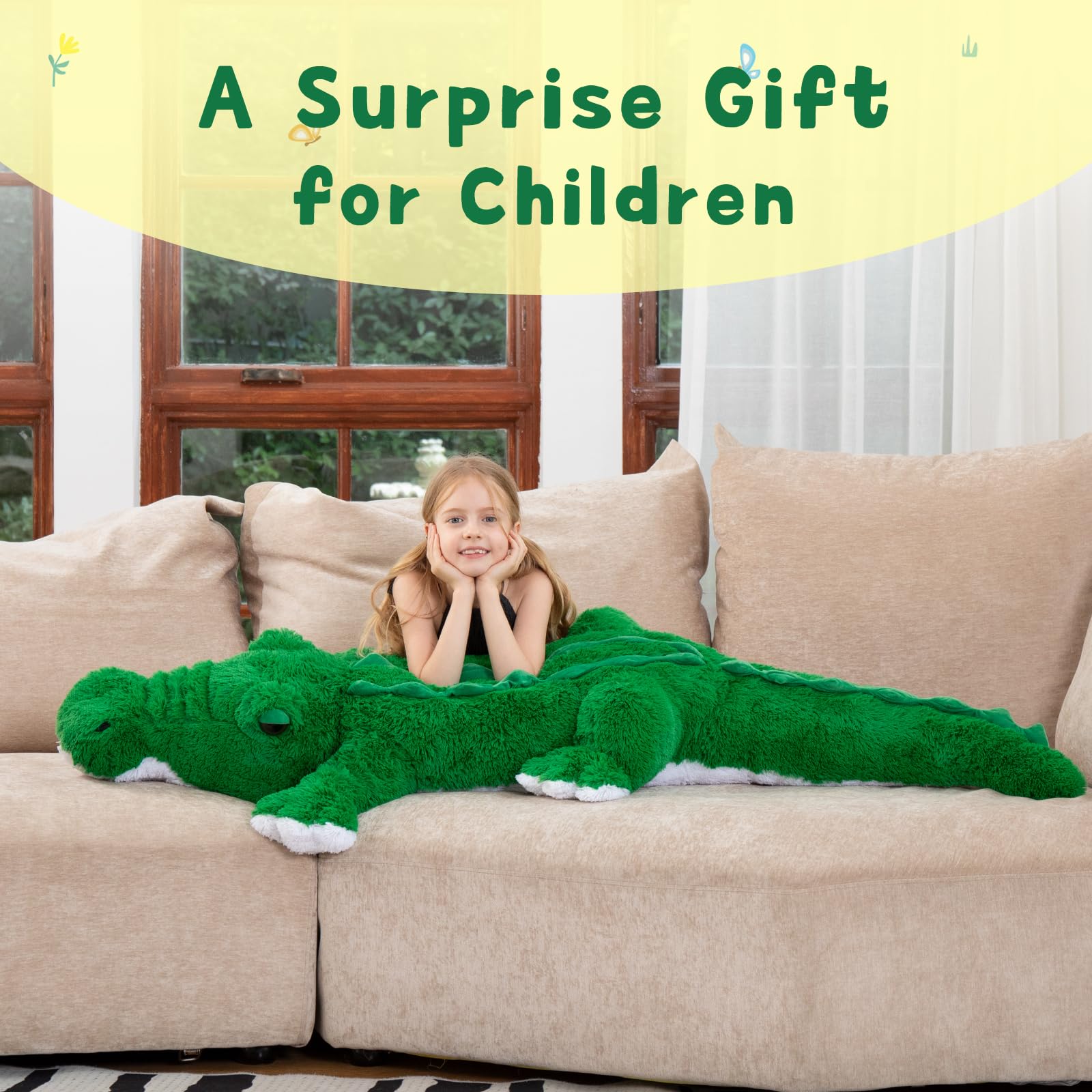 MorisMos crocodile sofa-snuggle plush resting comfortably on a couch.