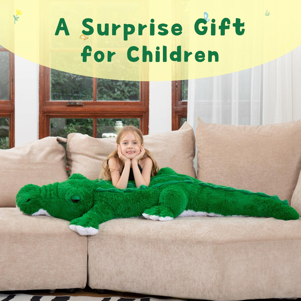 MorisMos crocodile sofa-snuggle plush resting comfortably on a couch.