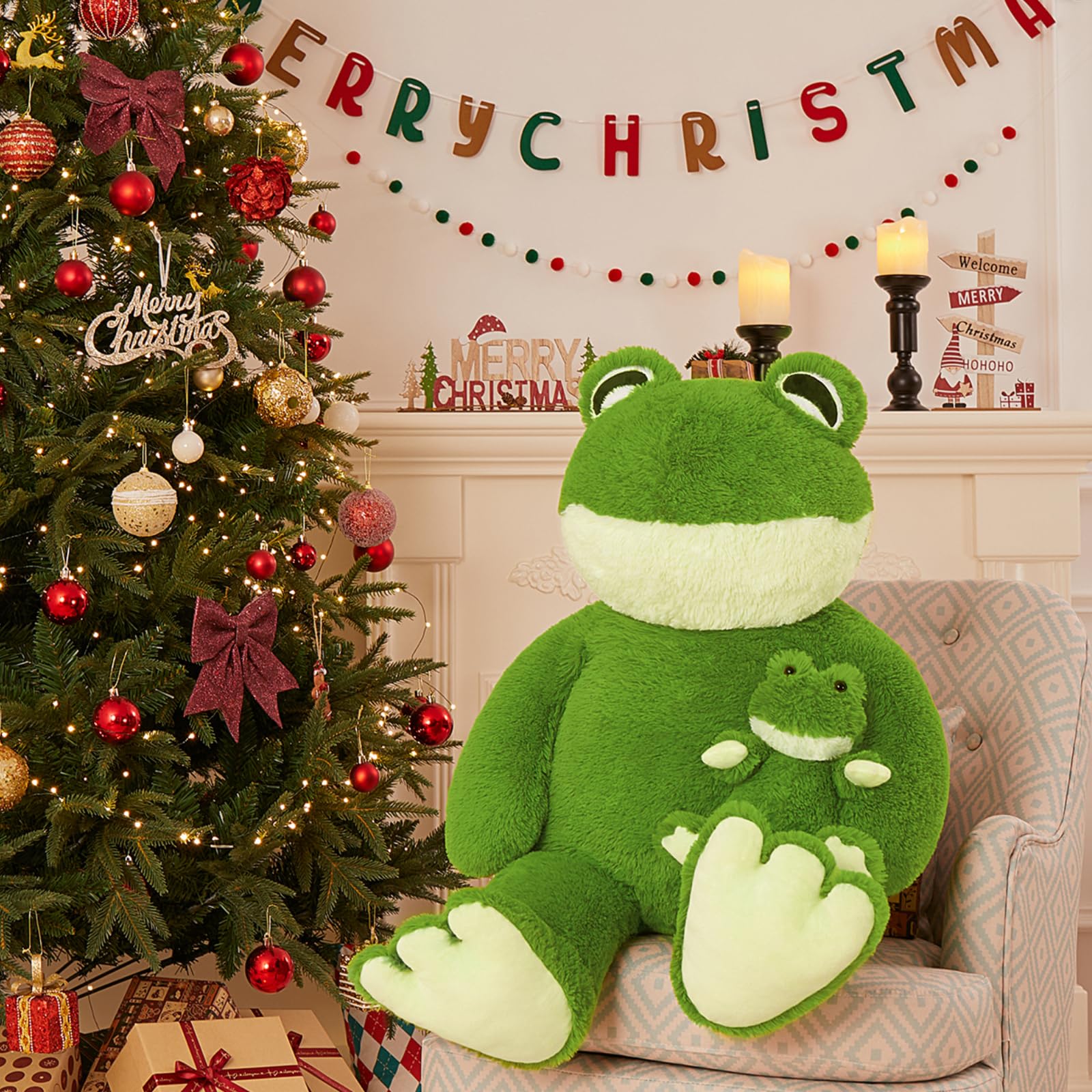MorisMos giant 36-inch frog plush, a cozy cuddle buddy for kids and bedtime.