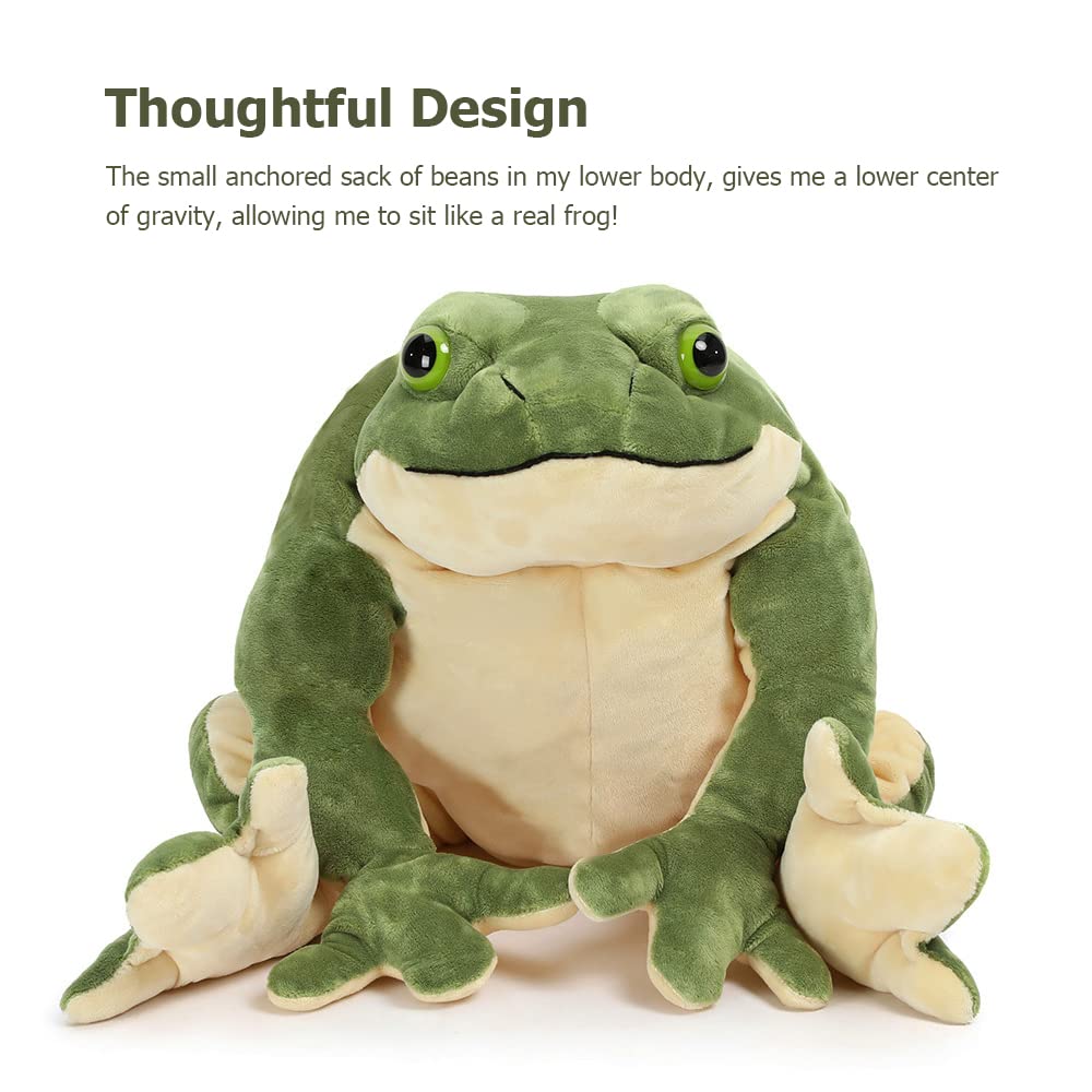 MorisMos frog plush seated pose highlighting bean-stabilized bottom