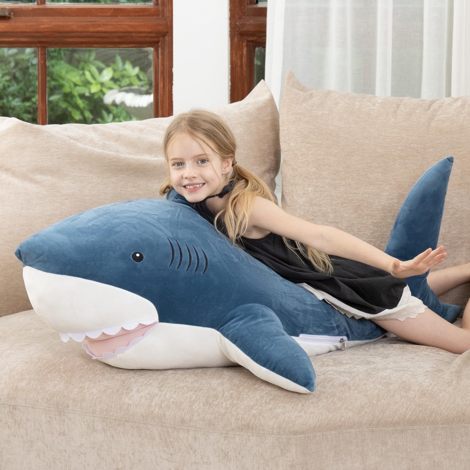 MorisMos giant shark pillow plush ready for cozy lounging and bedtime stories.