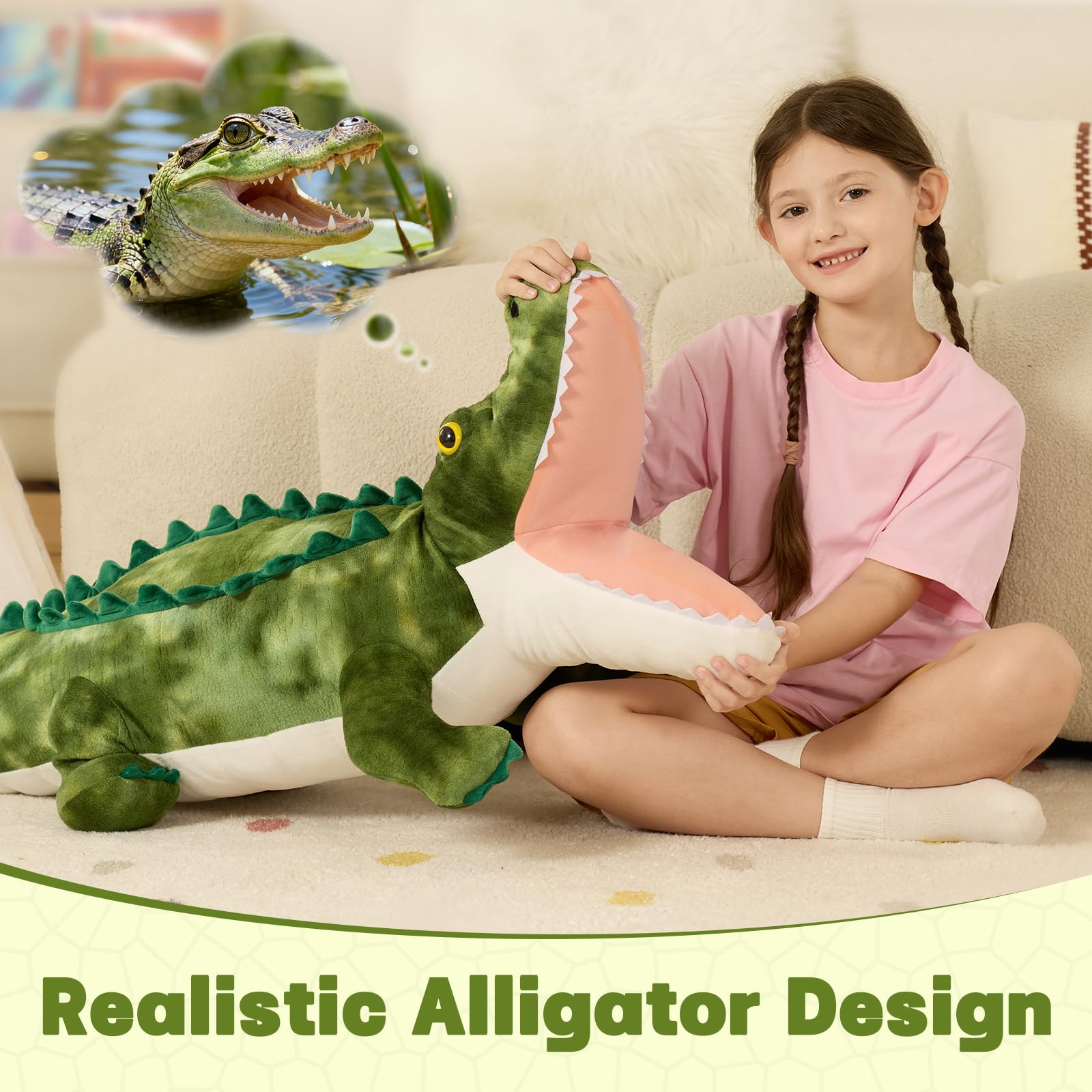 MorisMos kid-friendly stuffed alligator with safe eyes is ideal for gentle play and decor.