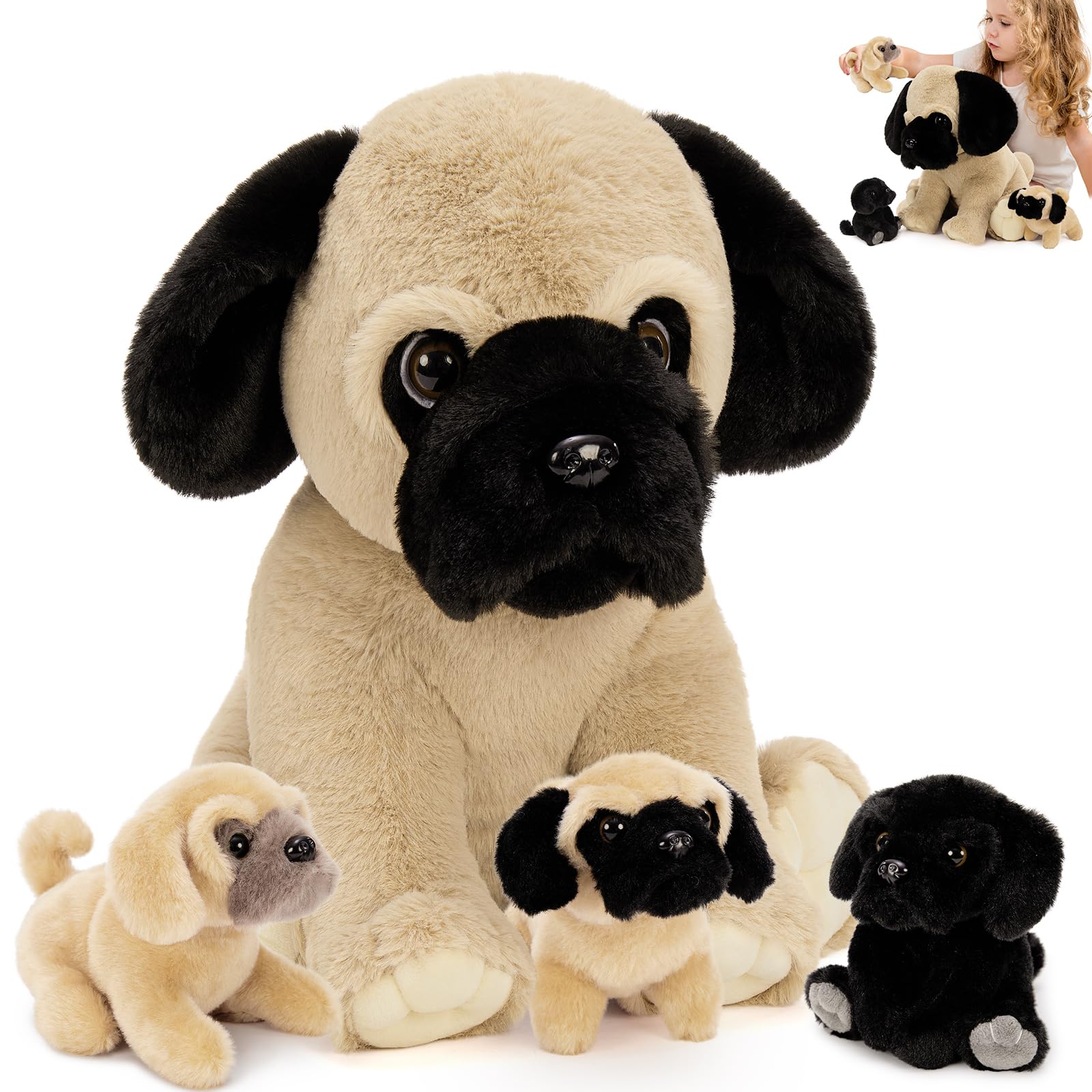 MorisMos pug stuffed animal with babies for imaginative play and comfort.