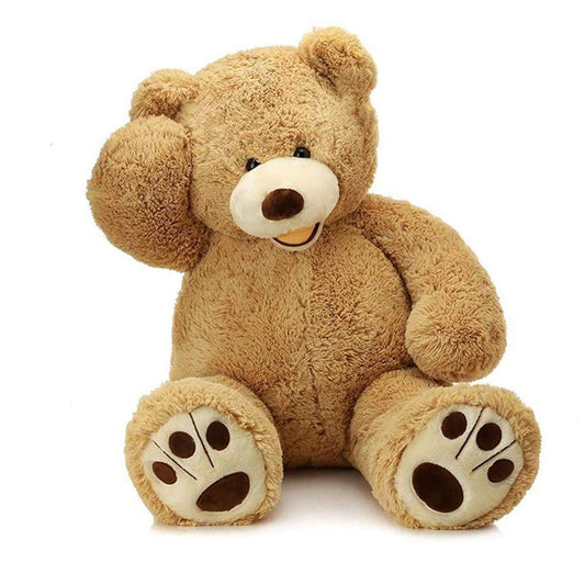 MorisMos Smiling Giant Teddy Bear stands tall in light brown plush for cozy cuddles.