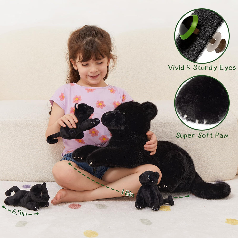 MorisMos soft plush panther eyes close-up shows detailed safety stitching.