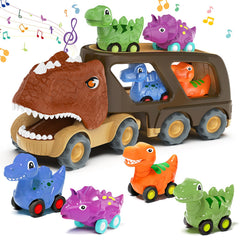 Moritakk dinosaur truck front view shows vibrant colors and pull-back action.