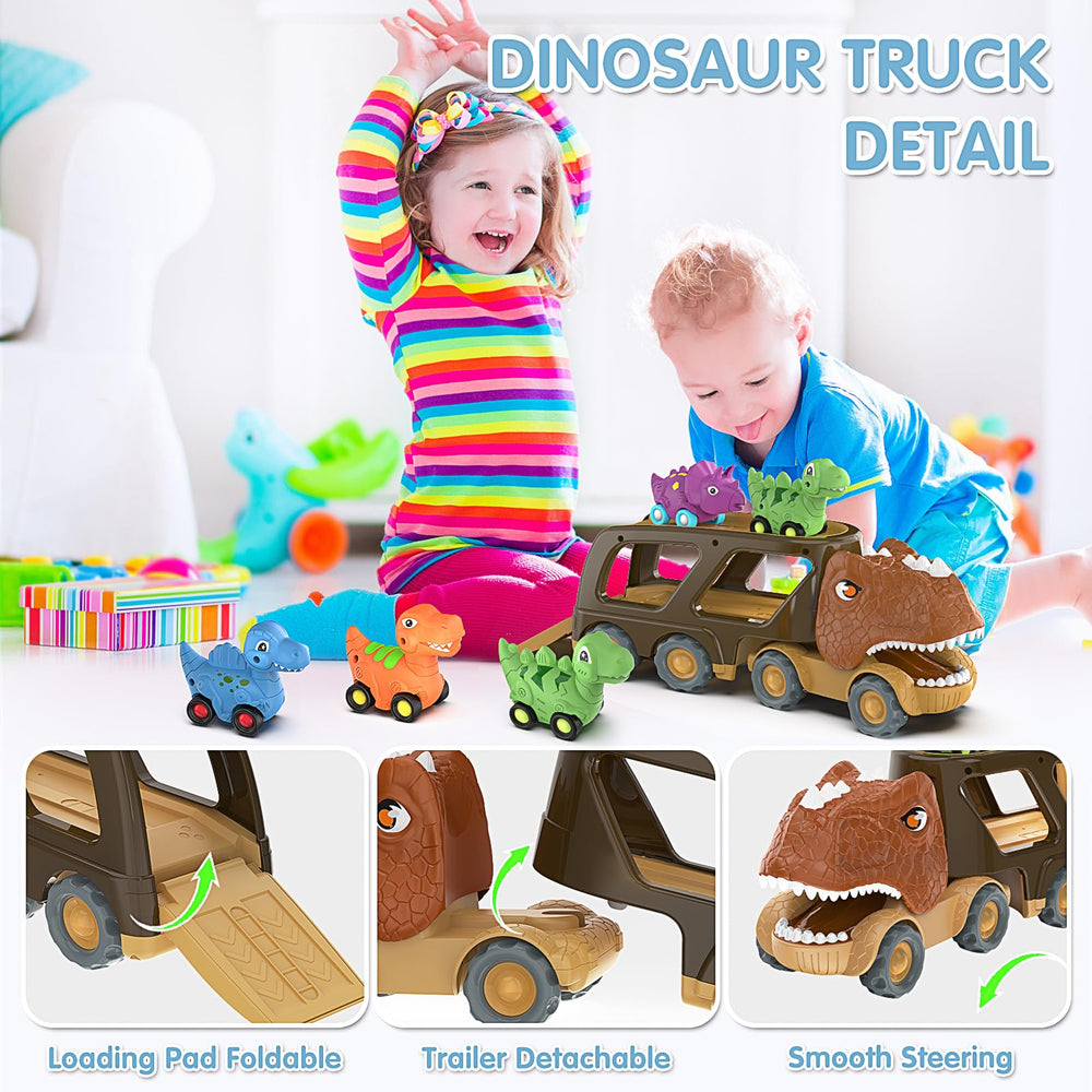 Moritakk dinosaur truck top view emphasizes loading through open tailgate.