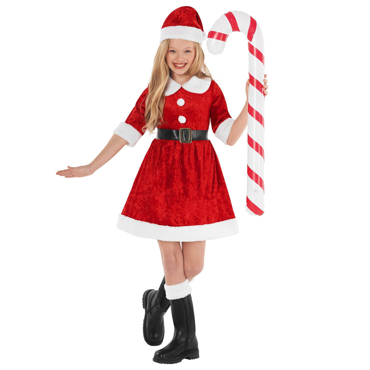 Morph Kids Santa Dress with white fur trim for festive photos.