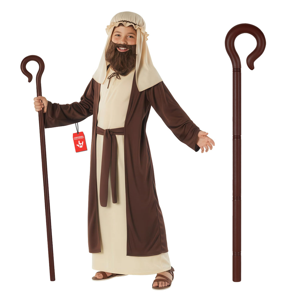 Morph Saint Joseph costume for kids with beige robe and brown overcoat for nativity plays