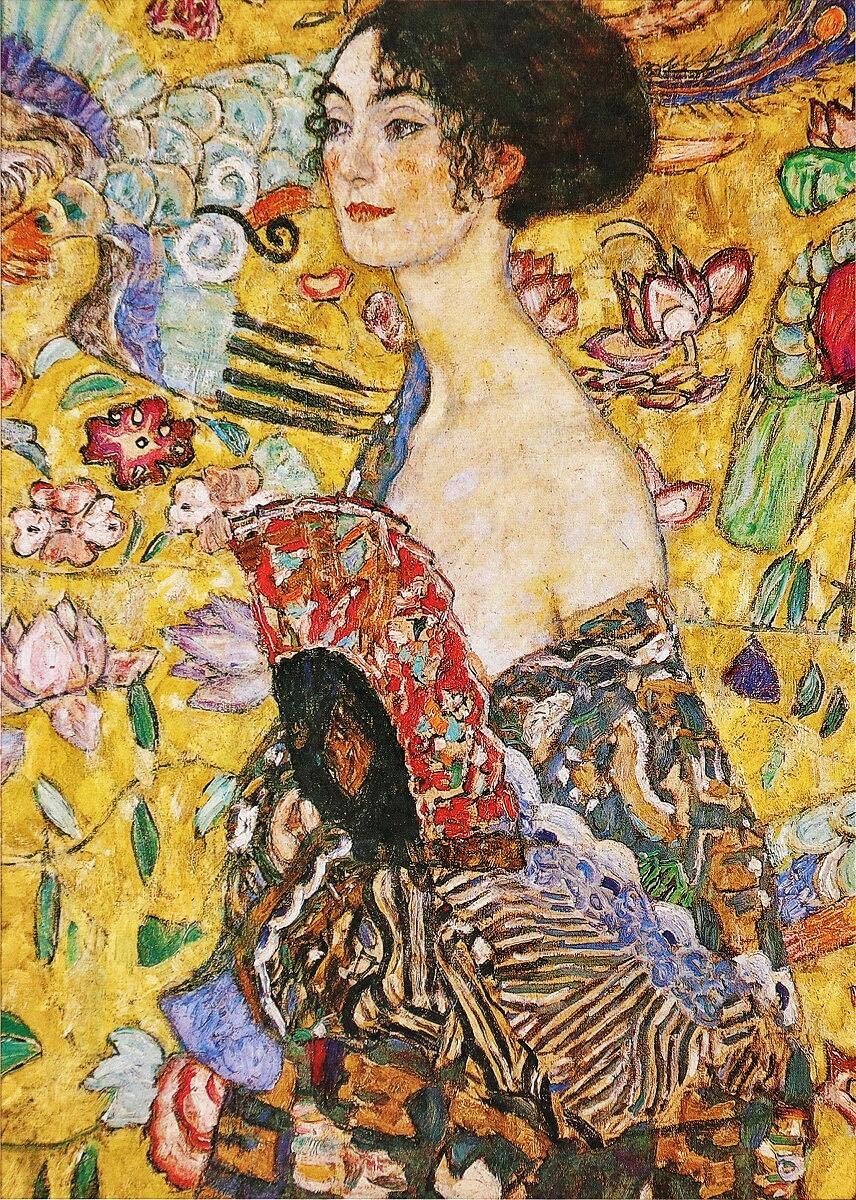 Moruska Lady with Fan puzzle cover featuring Klimt artwork for mindful puzzle solving.