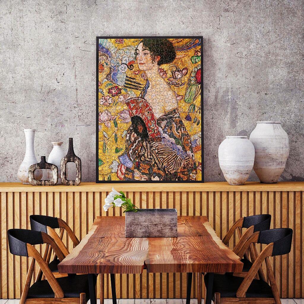 Moruska Lady with Fan puzzle gift-ready packaging perfect for art lovers.