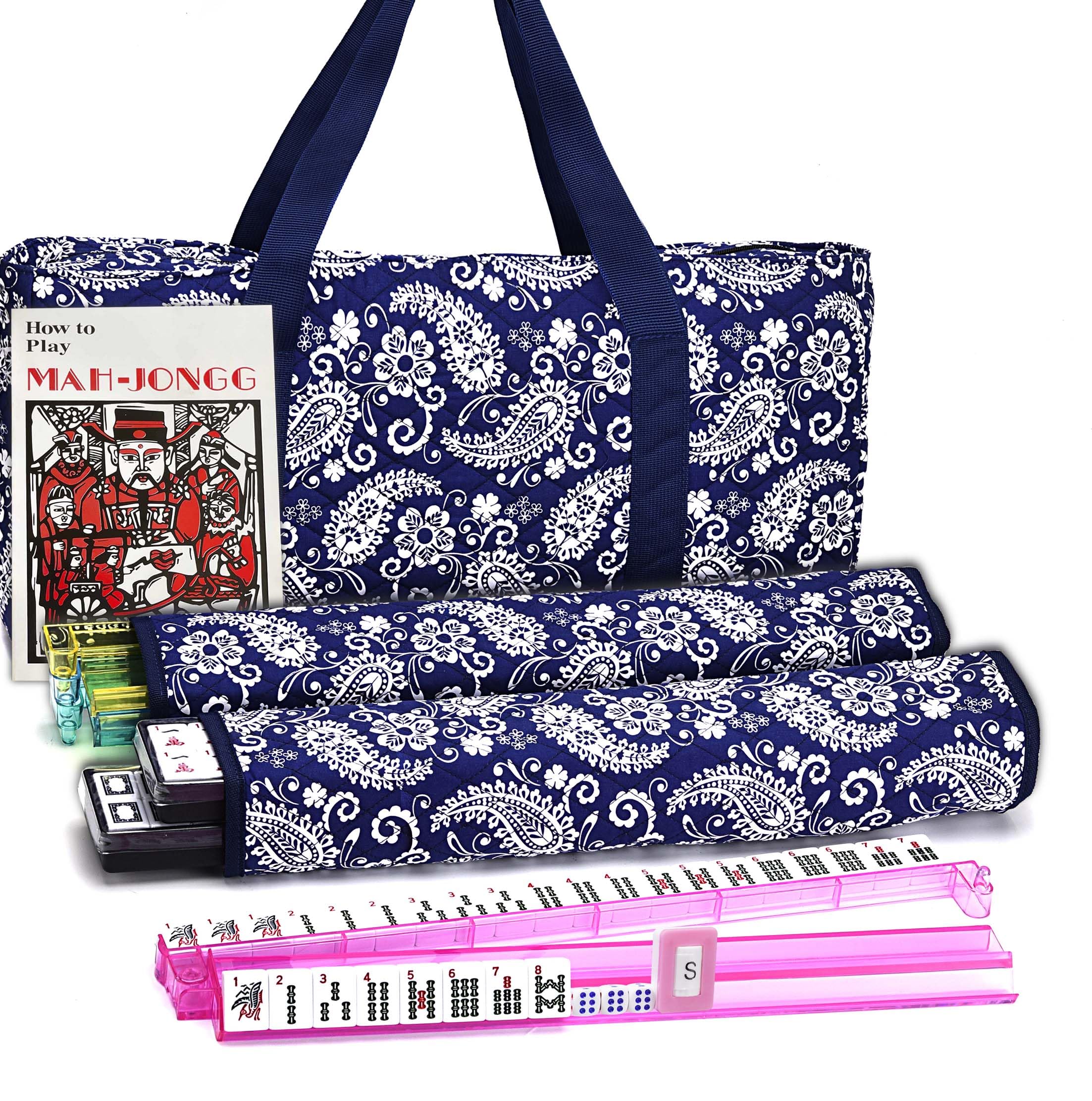 Mose Cafolo American Mahjong set with blue paisley bag for portable family game nights.