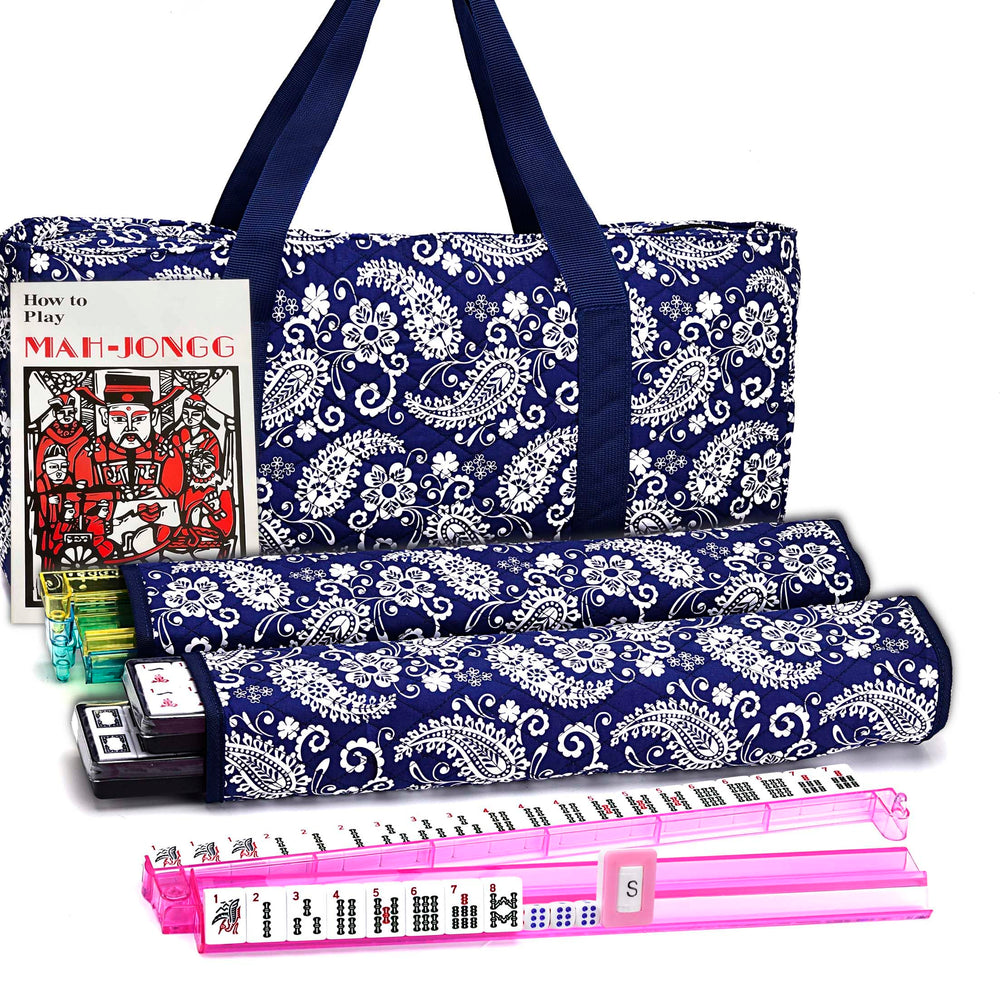 Mose Cafolo American Mahjong set with blue paisley bag for portable family game nights.