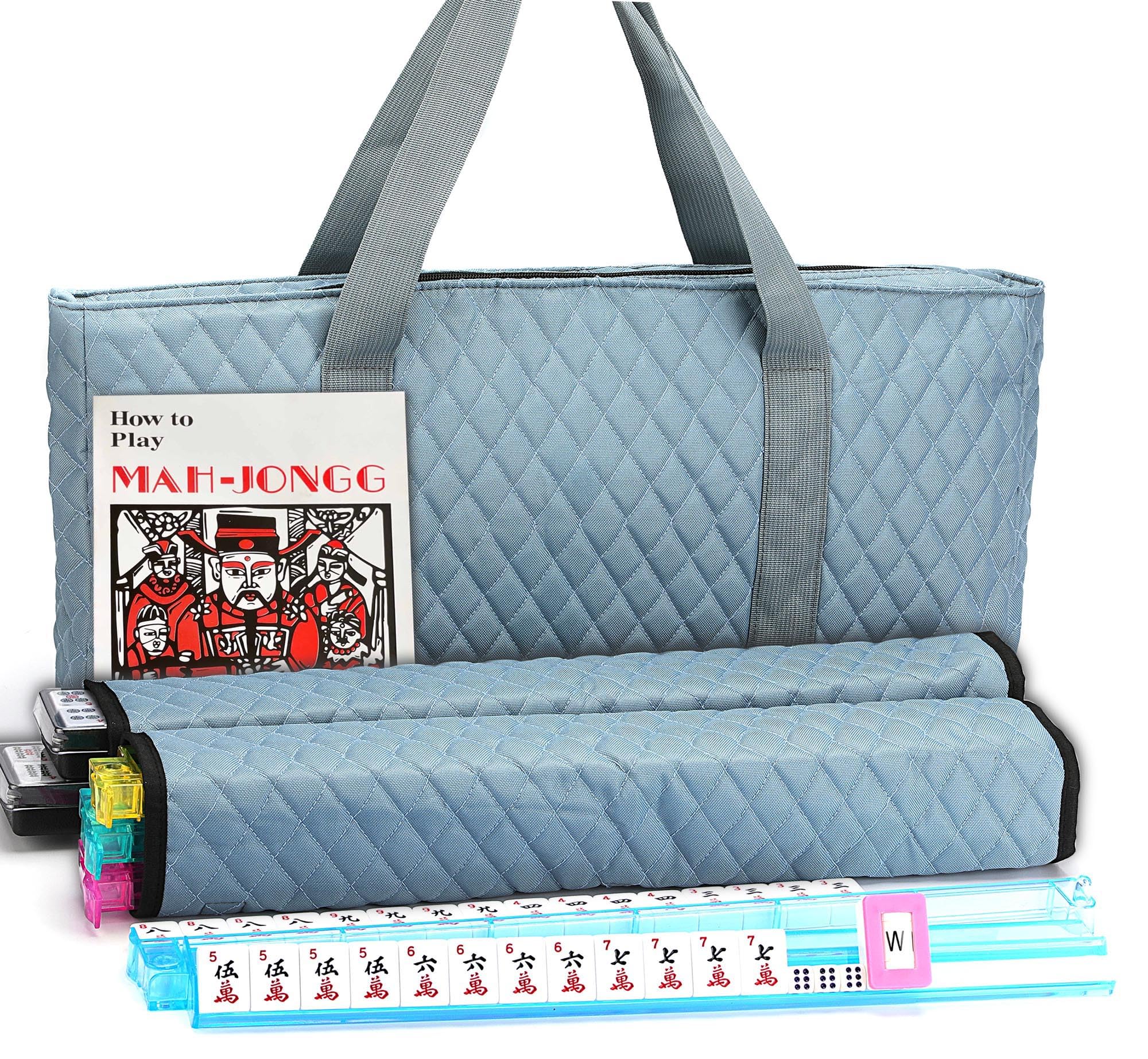 Mose Cafolo American Mahjong set in a pearl gray quilted bag for easy travel storage.