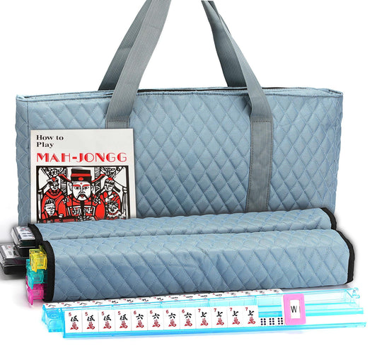 Mose Cafolo American Mahjong set in a pearl gray quilted bag for easy travel storage.
