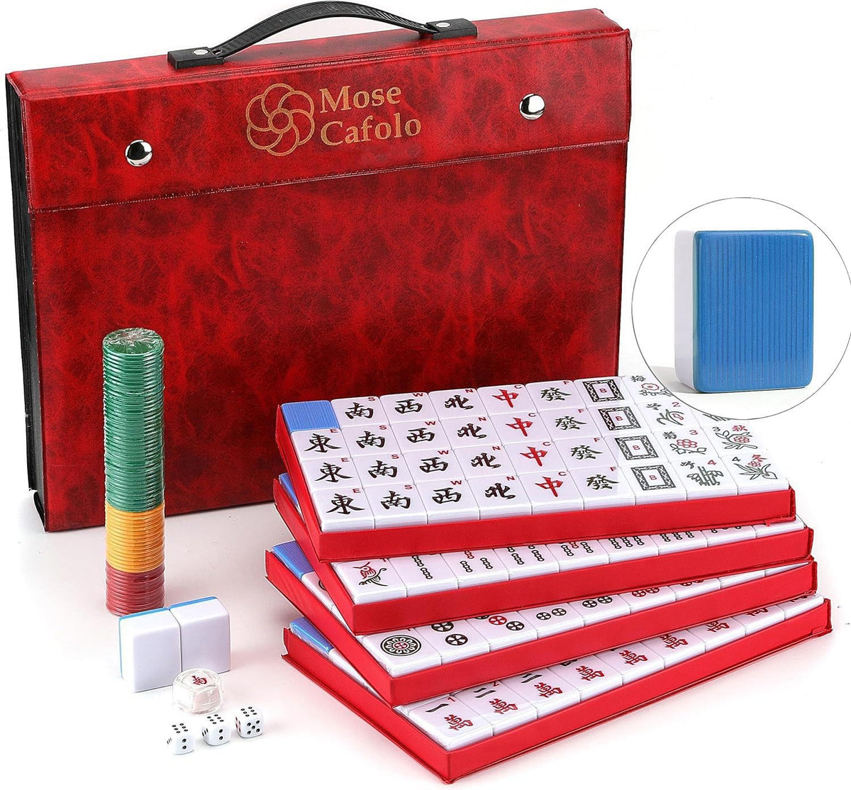 Mose Cafolo mahjong set with large tiles and red travel case for easy transport