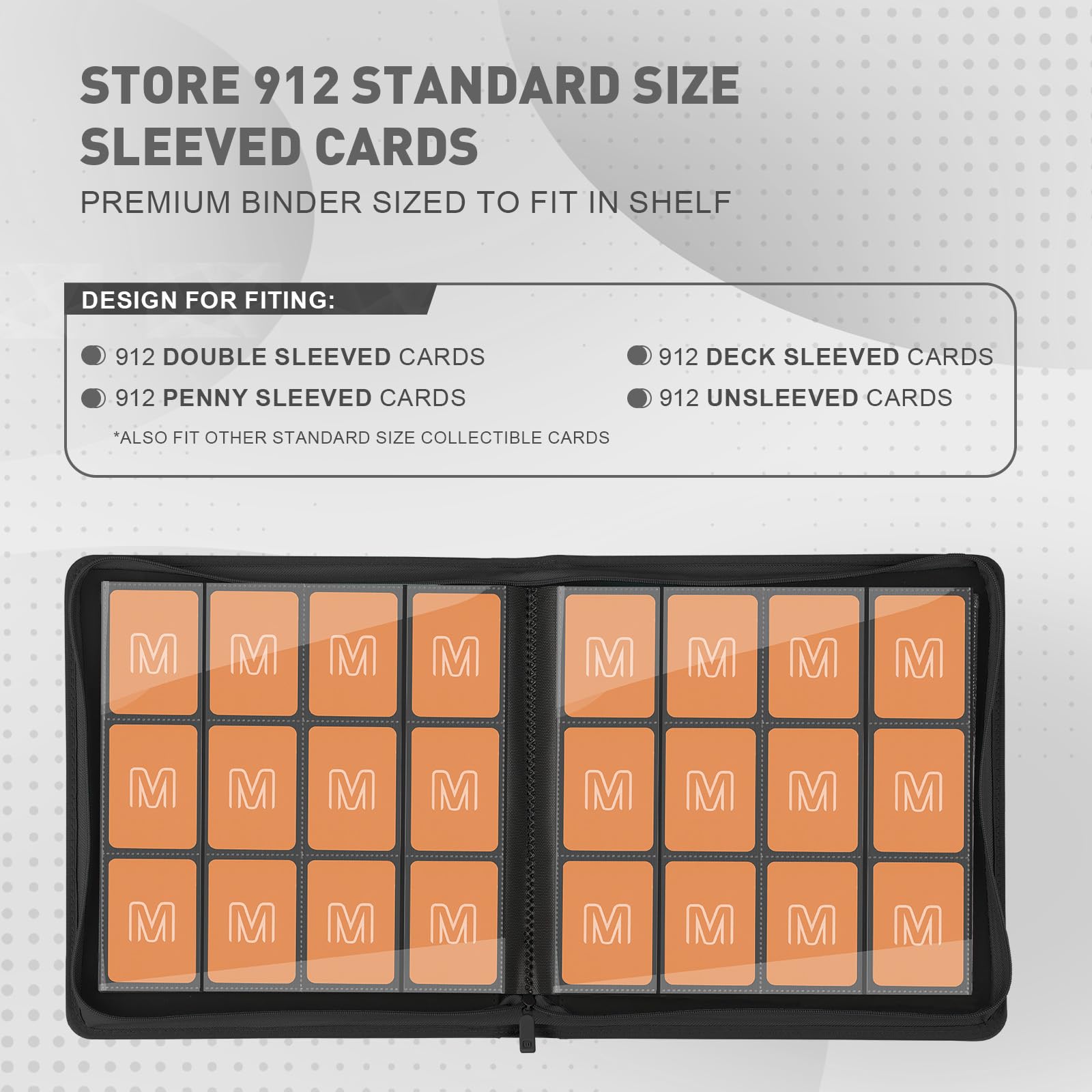 MOSLA binder with side-loading pages for easy browsing without removing cards.