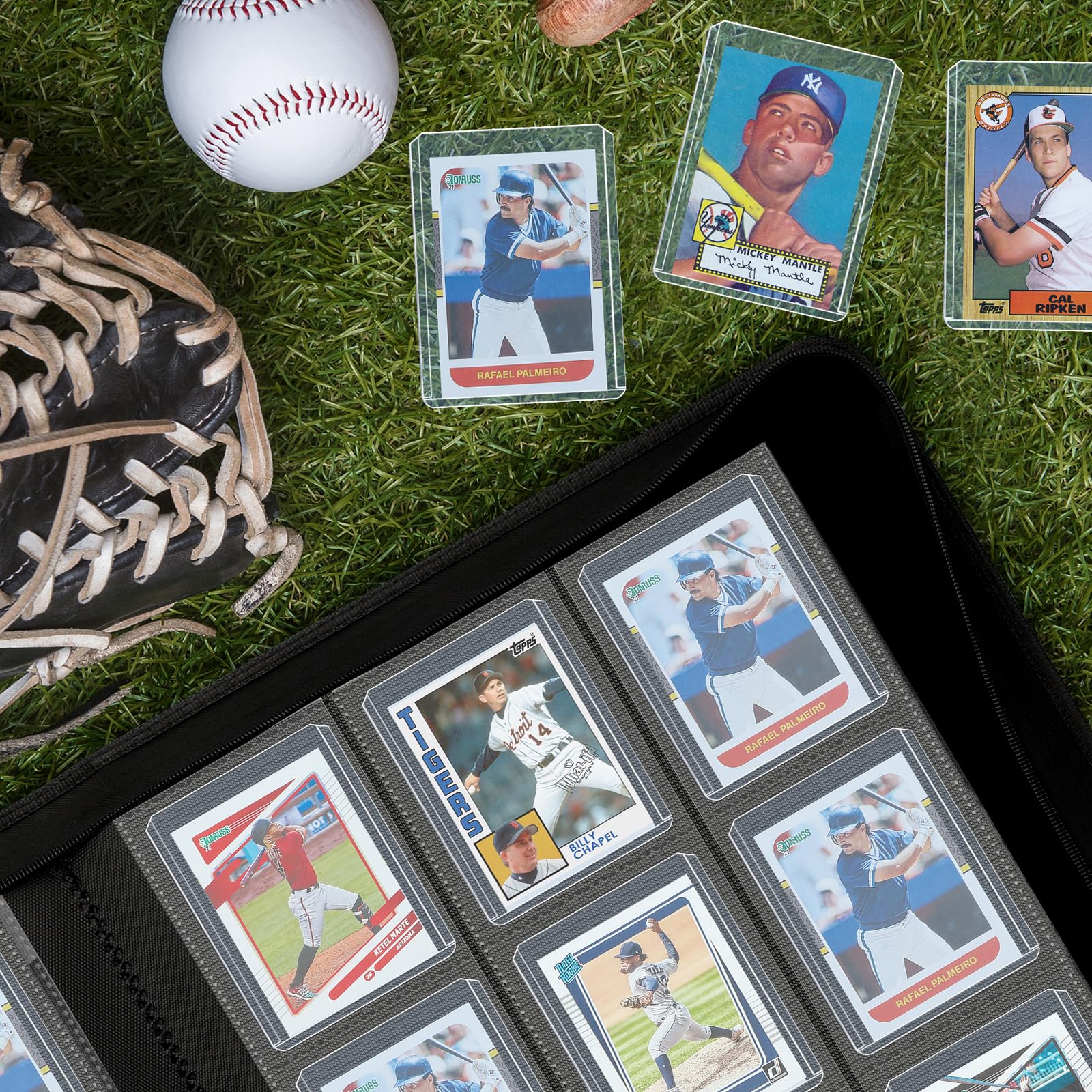 Binder is compatible with top loaders and sleeved cards.