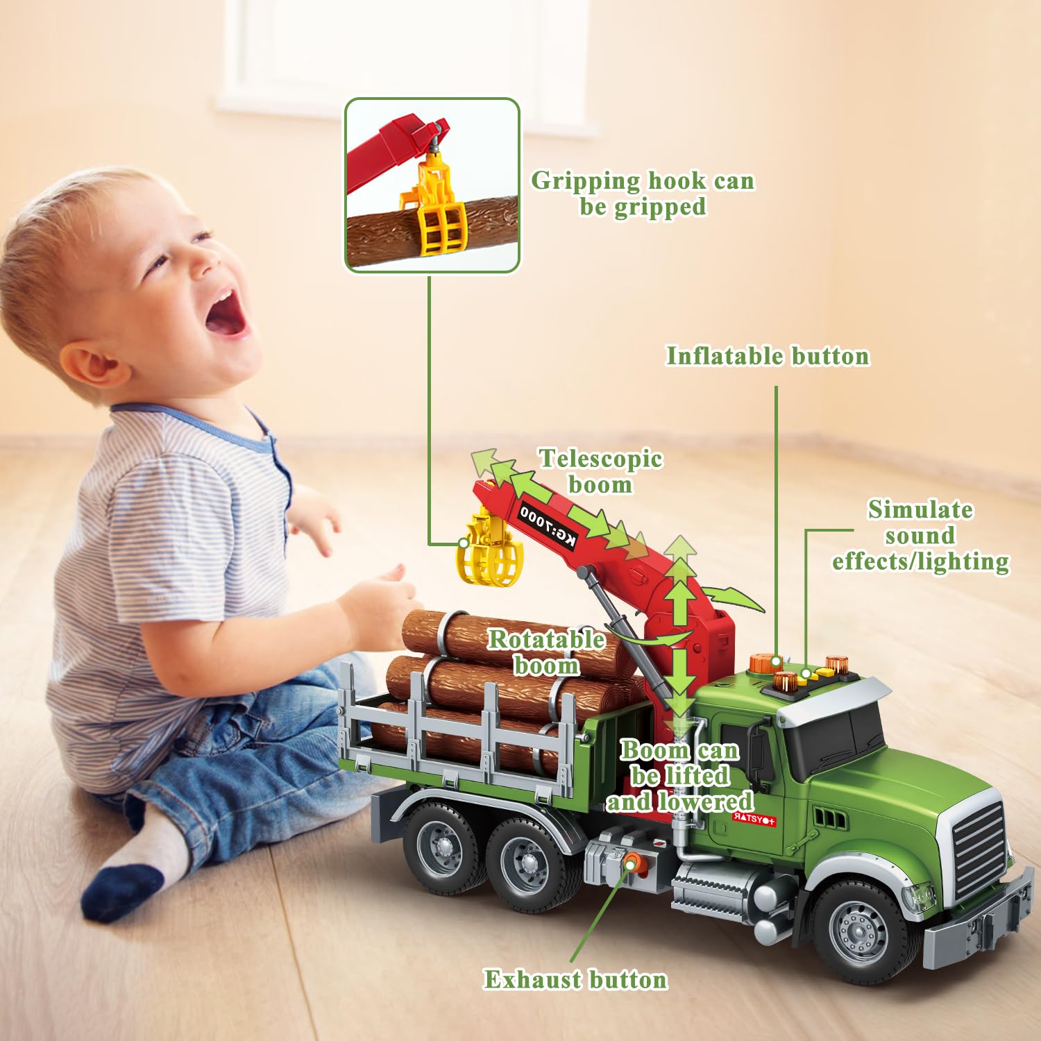 Mostop 15-inch logging truck with crane and lifelike details for kids.