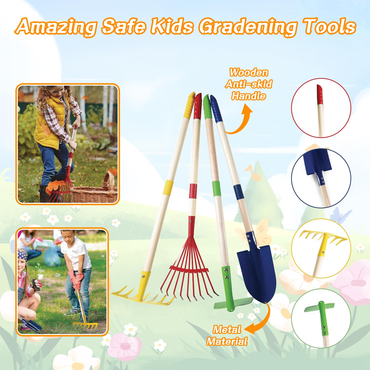 Mostop leaf rake focuses on clearing leaves while kids explore yard tasks