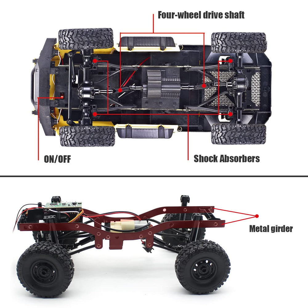 Mostop RC Crawler battery and charging view indicates long playtime on a single charge.