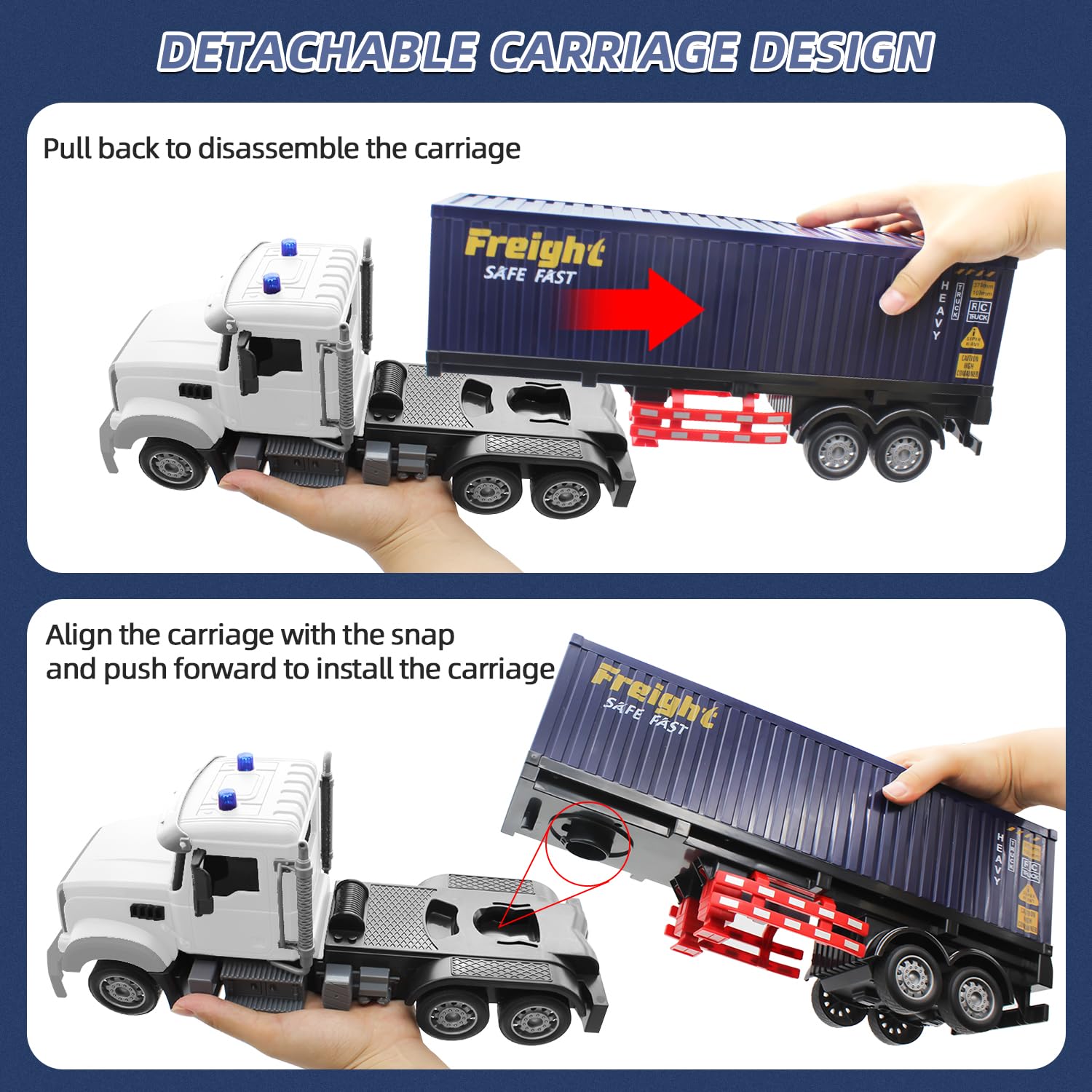 Mostop RC semi-truck with detachable trailer enables realistic loading and unloading.