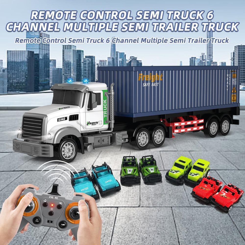 Mostop RC semi truck with trailer includes eight mini cars for cargo play.