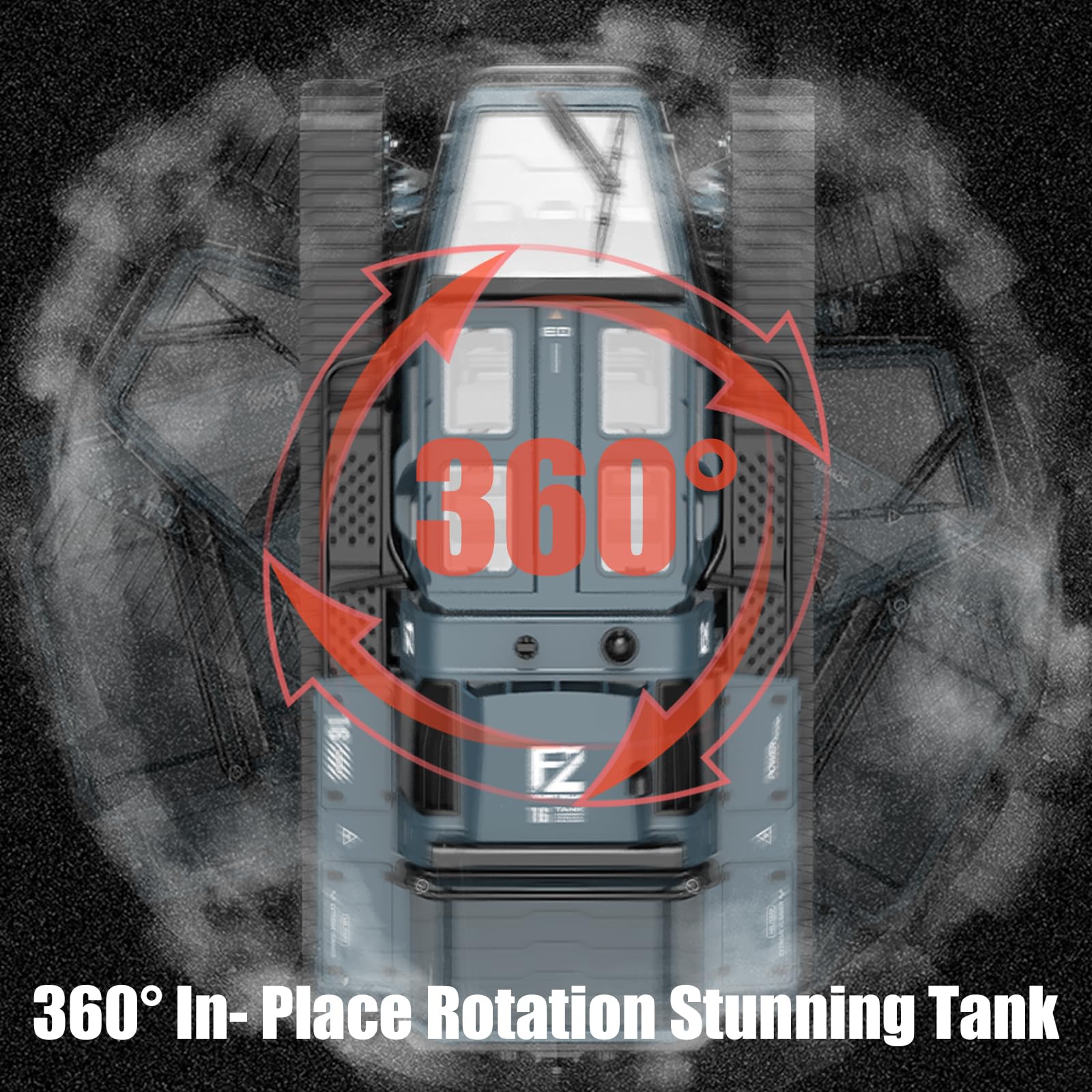 Mostop RC Tank Car side view showing 360° rotation and rugged tracks