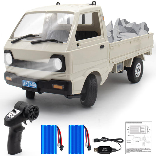 Mostop WPL D12 RC drift car front view with bright headlamps and sturdy build.