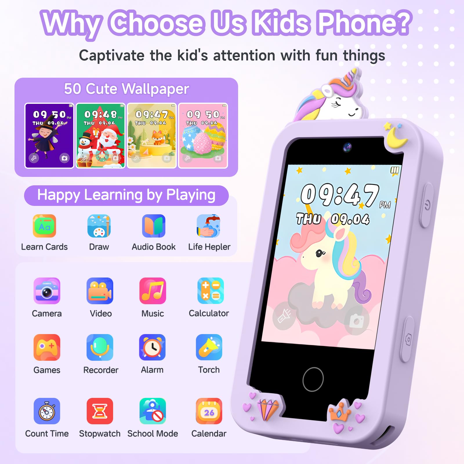 MOTCTQVD kids smart phone toy rear camera for memories on the go