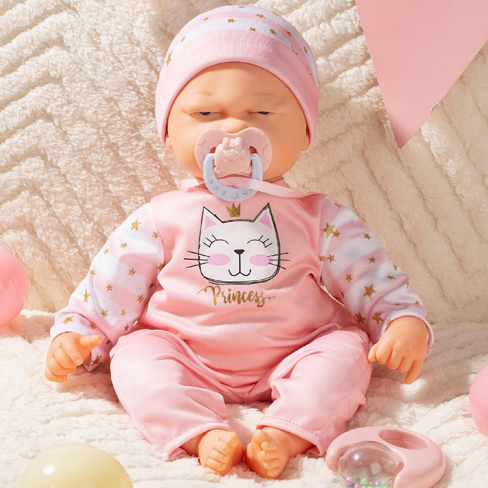 Mother Love interactive 16in baby doll with engaging sounds for pretend play.