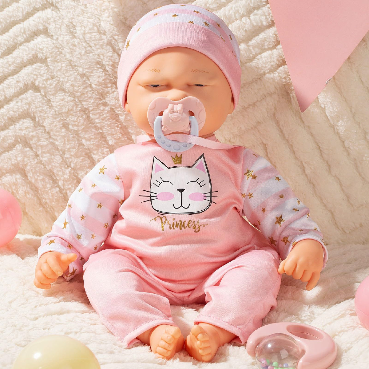 Mother Love interactive 16in baby doll with engaging sounds for pretend play.