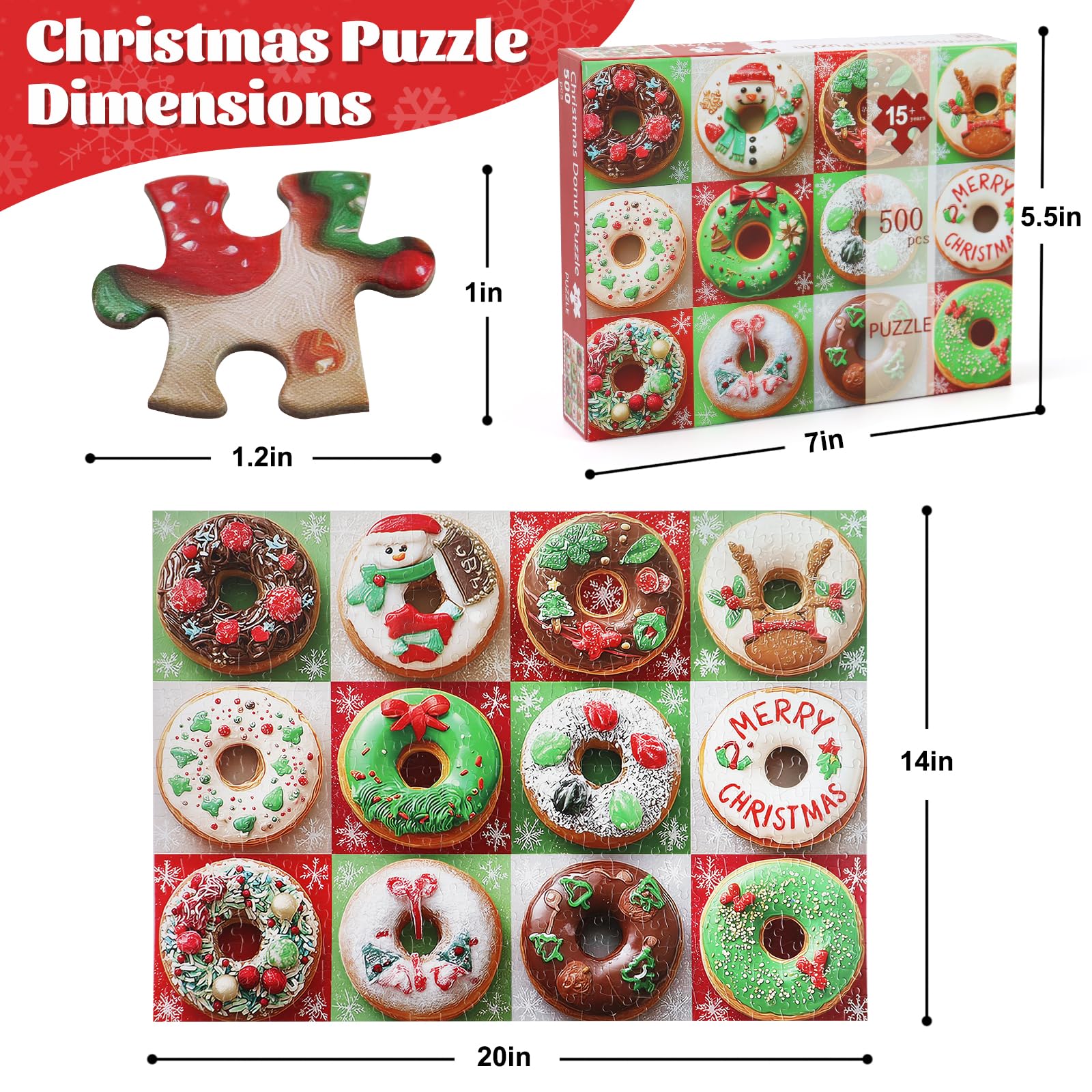 Motiloo donuts puzzle features a cheerful snowman among festive toppings for family fun.