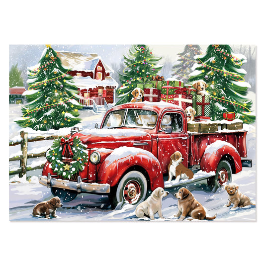 Motiloo Christmas red truck puzzle front view for holiday relaxing moment.