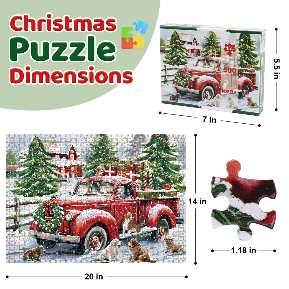 Motiloo vintage truck snowy trees cabin creates charming seasonal setting.