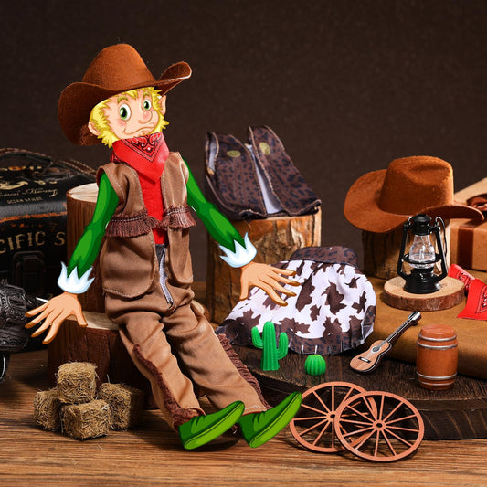 Motionchic elf cowgirl props with lantern and wagon wheel for festive scenes