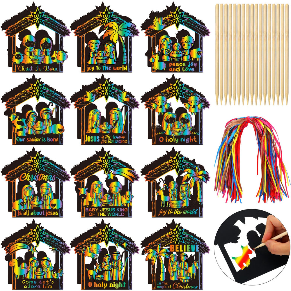 Motipuns nativity scratch-off cards set with vibrant colors for festive crafting