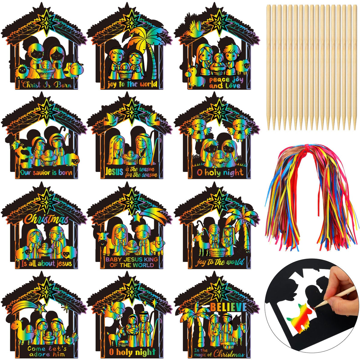 Motipuns nativity scratch-off cards set with vibrant colors for festive crafting