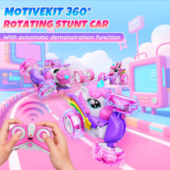Motivekit Unicorn RC car with LED lights at night.