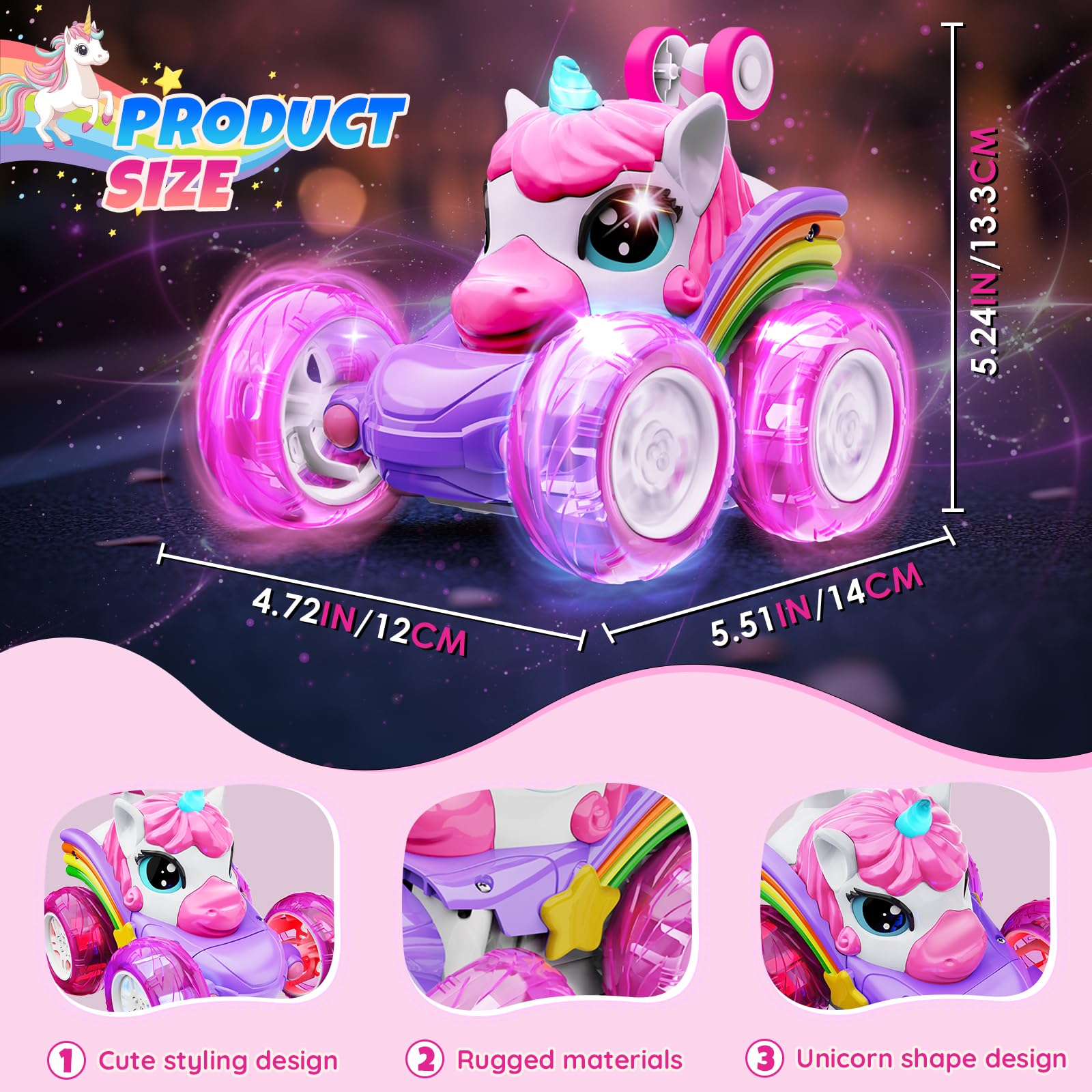 Motivekit Unicorn RC car pink front view highlighting compact design.
