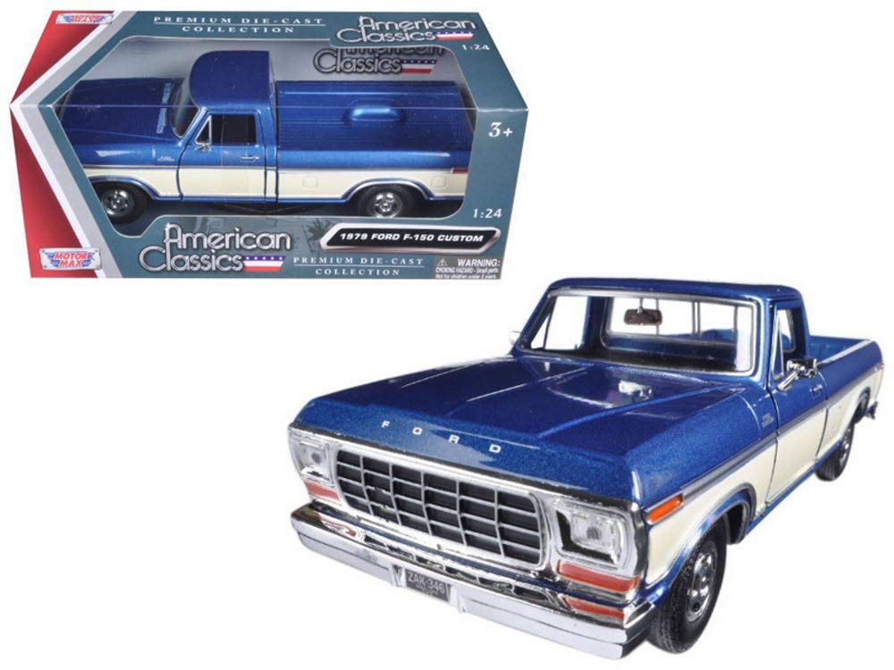 Motormax 1979 Ford F-150 diecast in blue and cream for display and collection