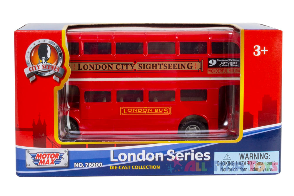 Motormax London Double Decker Bus model, side view, authentic branding for collectors