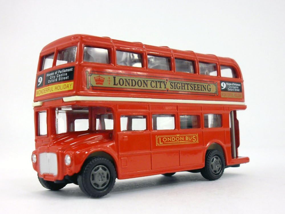 Motormax London Double Decker Bus model, top view, glossy finish and crisp markings